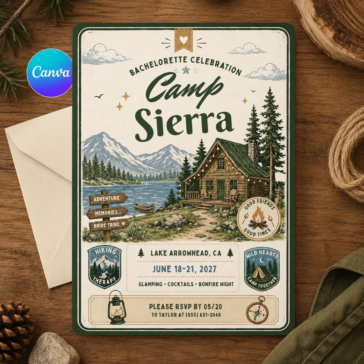 Bachelorette Camp Sierra Invitation Template, Camping Birthday Invitation Outdoor Party Invite Teen Birthday Invite, Editable Canva Template __etsy:8053901380