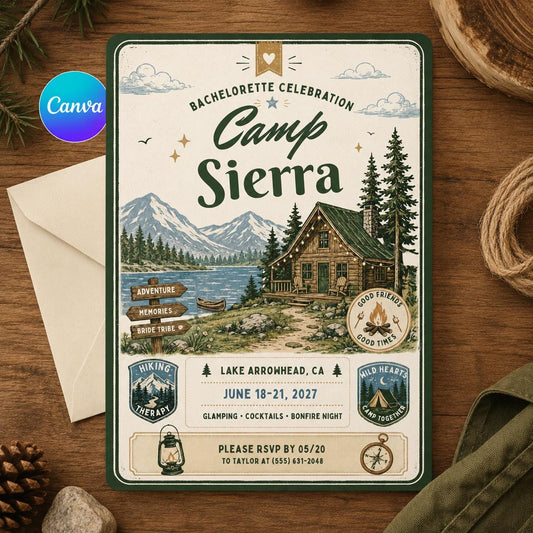 Bachelorette Camp Sierra Invitation Template, Camping Birthday Invitation Outdoor Party Invite Teen Birthday Invite, Editable Canva Template __etsy:8053901380