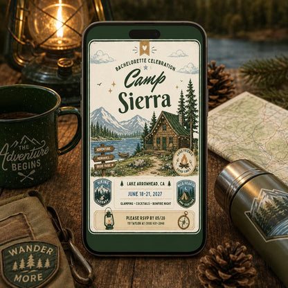 Bachelorette Camp Sierra Invitation Template, Camping Birthday Invitation Outdoor Party Invite Teen Birthday Invite, Editable Canva Template __etsy:8053901302
