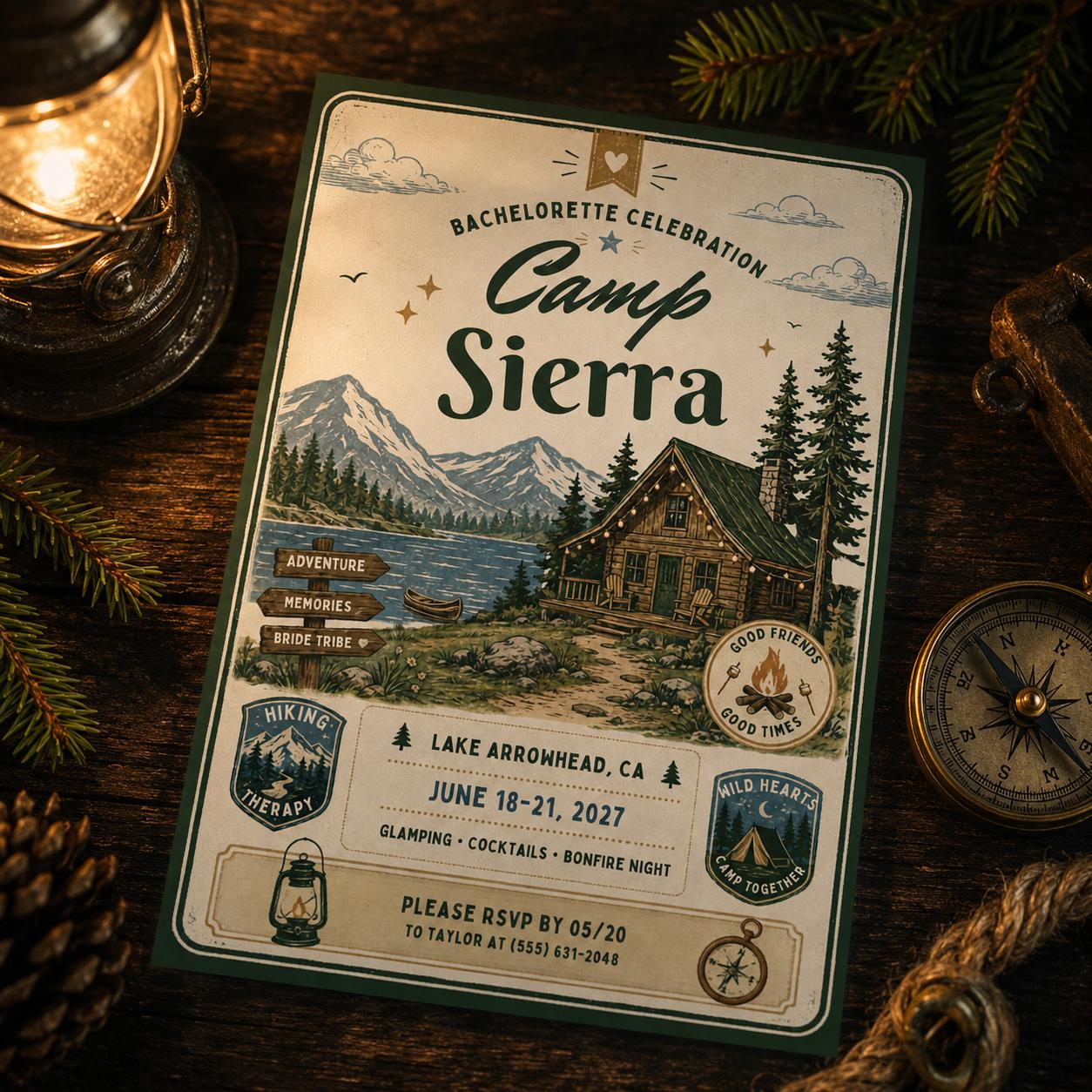 Bachelorette Camp Sierra Invitation Template, Camping Birthday Invitation Outdoor Party Invite Teen Birthday Invite, Editable Canva Template __etsy:8101813923