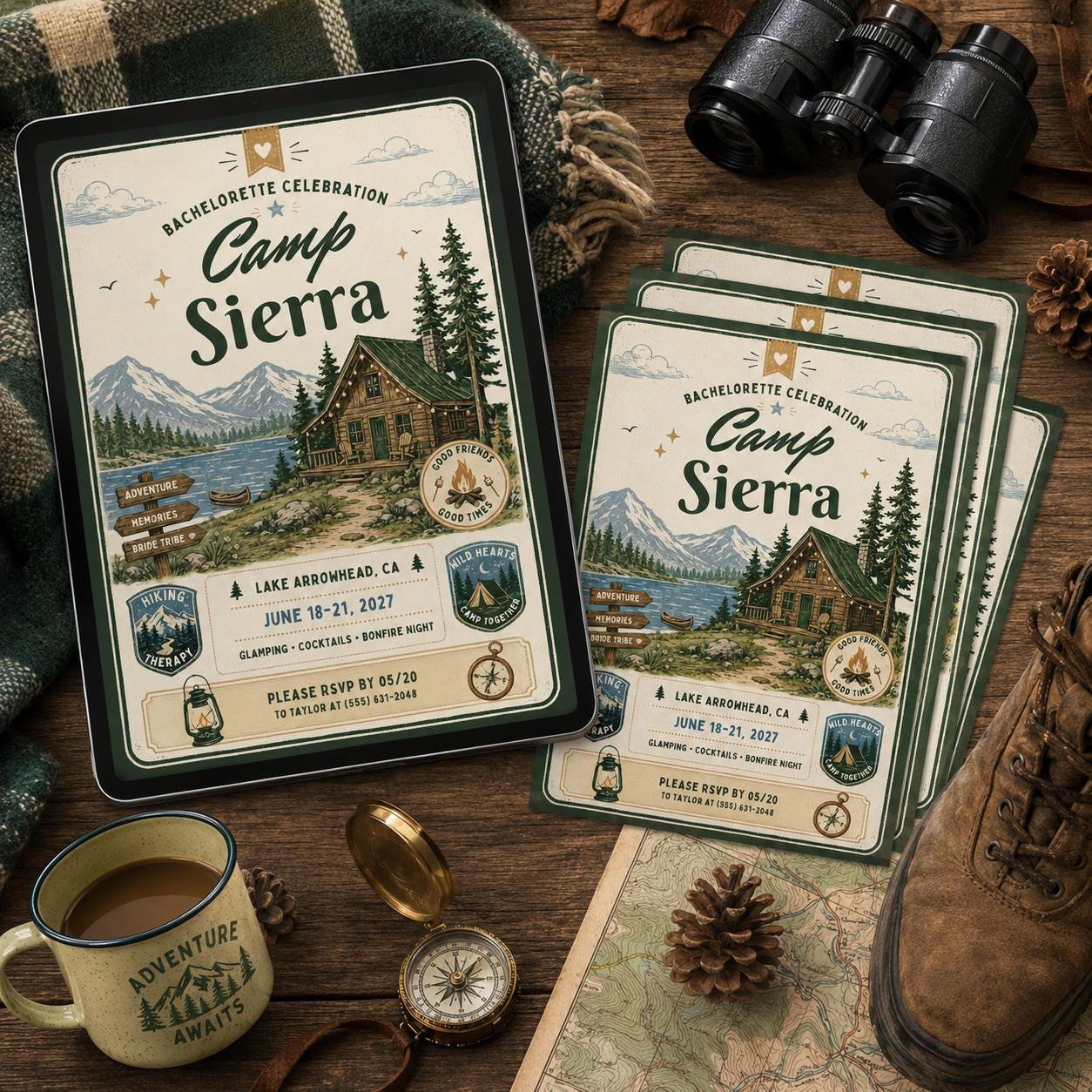 Bachelorette Camp Sierra Invitation Template, Camping Birthday Invitation Outdoor Party Invite Teen Birthday Invite, Editable Canva Template __etsy:8101813933
