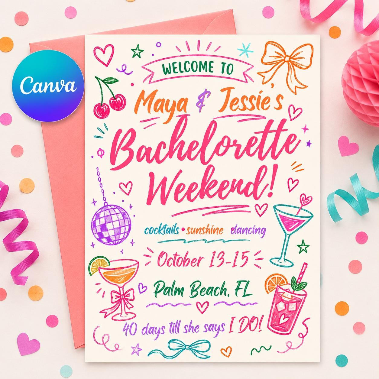Bachelorette Weekend Invitation, Editable Canva Template, Hand Drawn Bach Party Invite, Girls Trip Evite, Bride Tribe Printable __etsy:8063819414
