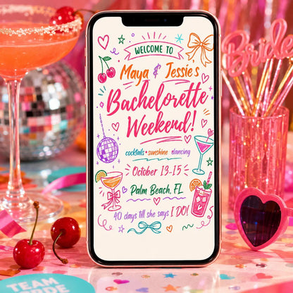 Bachelorette Weekend Invitation, Editable Canva Template, Hand Drawn Bach Party Invite, Girls Trip Evite, Bride Tribe Printable __etsy:8111736945