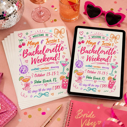 Bachelorette Weekend Invitation, Editable Canva Template, Hand Drawn Bach Party Invite, Girls Trip Evite, Bride Tribe Printable __etsy:8111736997