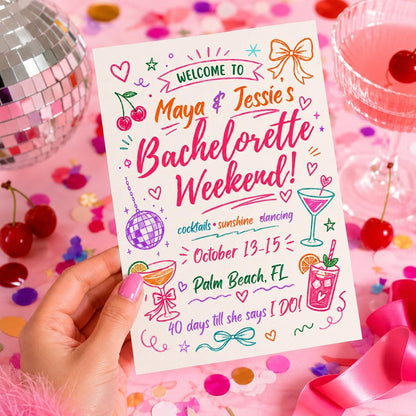 Bachelorette Weekend Invitation, Editable Canva Template, Hand Drawn Bach Party Invite, Girls Trip Evite, Bride Tribe Printable __etsy:8111736993