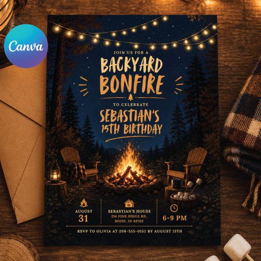 Backyard Bonfire Birthday Invitation Template, Fun Backyard Party Invite Digital Summer Party Evite Custom Adult Birthday Bash BBQ, Canva __etsy:8058864649