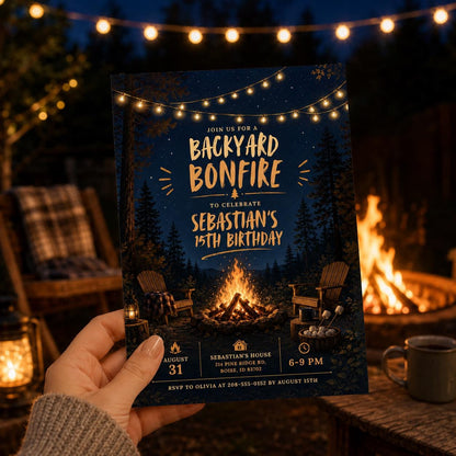 Backyard Bonfire Birthday Invitation Template, Fun Backyard Party Invite Digital Summer Party Evite Custom Adult Birthday Bash BBQ, Canva __etsy:8010945520