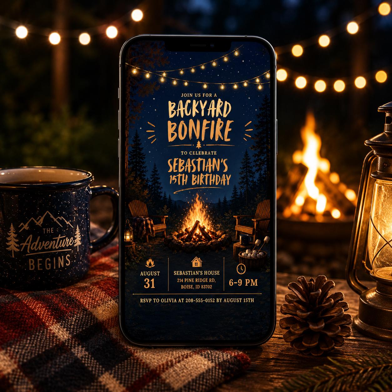 Backyard Bonfire Birthday Invitation Template, Fun Backyard Party Invite Digital Summer Party Evite Custom Adult Birthday Bash BBQ, Canva __etsy:8058859189