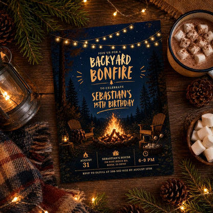 Backyard Bonfire Birthday Invitation Template, Fun Backyard Party Invite Digital Summer Party Evite Custom Adult Birthday Bash BBQ, Canva __etsy:8058859195
