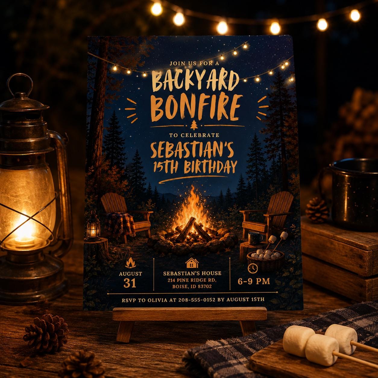 Backyard Bonfire Birthday Invitation Template, Fun Backyard Party Invite Digital Summer Party Evite Custom Adult Birthday Bash BBQ, Canva __etsy:8010945540