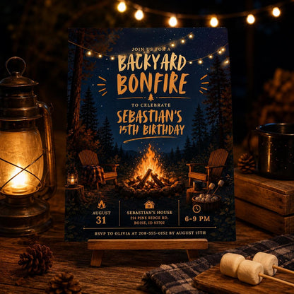 Backyard Bonfire Birthday Invitation Template, Fun Backyard Party Invite Digital Summer Party Evite Custom Adult Birthday Bash BBQ, Canva __etsy:8010945540