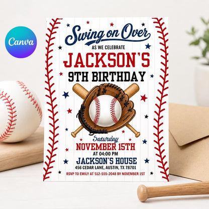 Baseball Birthday Party Invitation, Sports Birthday Invitation, Swing on Over, Rookie of the Year, Digital Editable Printable Canva Template __etsy:7976879210