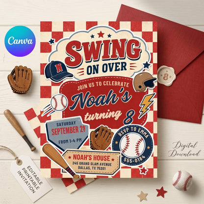 Baseball Birthday Party Invitation, Sports Birthday Invitation, Swing on Over, Rookie of the Year, Digital Editable Printable Canva Template __etsy:8035878933