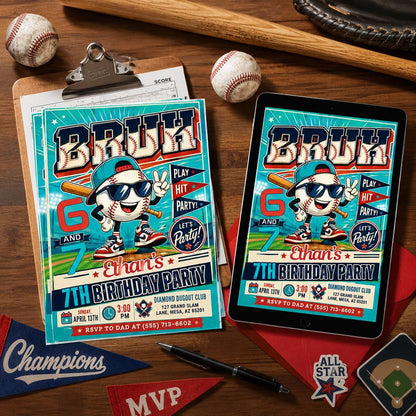 Baseball Ice Cream Drip Invitaion, Bruh Six Seven Meme Party Invite, 7th Birthday Boys Sports Invitation, Editable Canva Template __etsy:8057603180