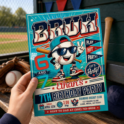 Baseball Ice Cream Drip Invitaion, Bruh Six Seven Meme Party Invite, 7th Birthday Boys Sports Invitation, Editable Canva Template __etsy:8057603166