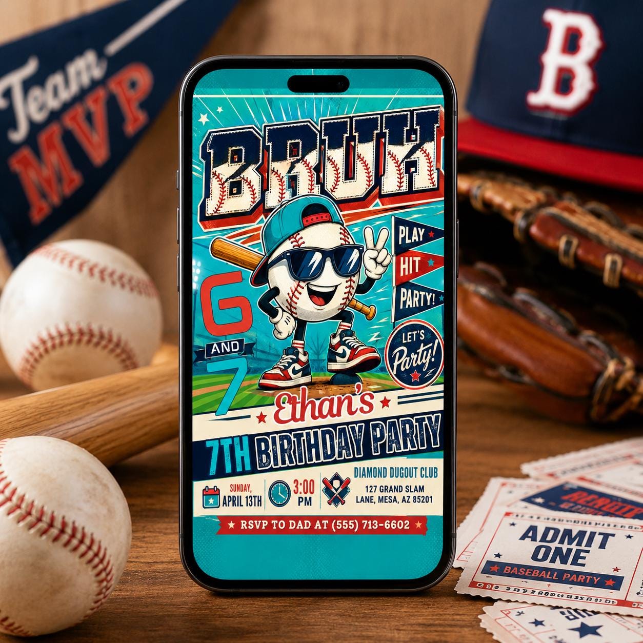 Baseball Ice Cream Drip Invitaion, Bruh Six Seven Meme Party Invite, 7th Birthday Boys Sports Invitation, Editable Canva Template __etsy:8105514669