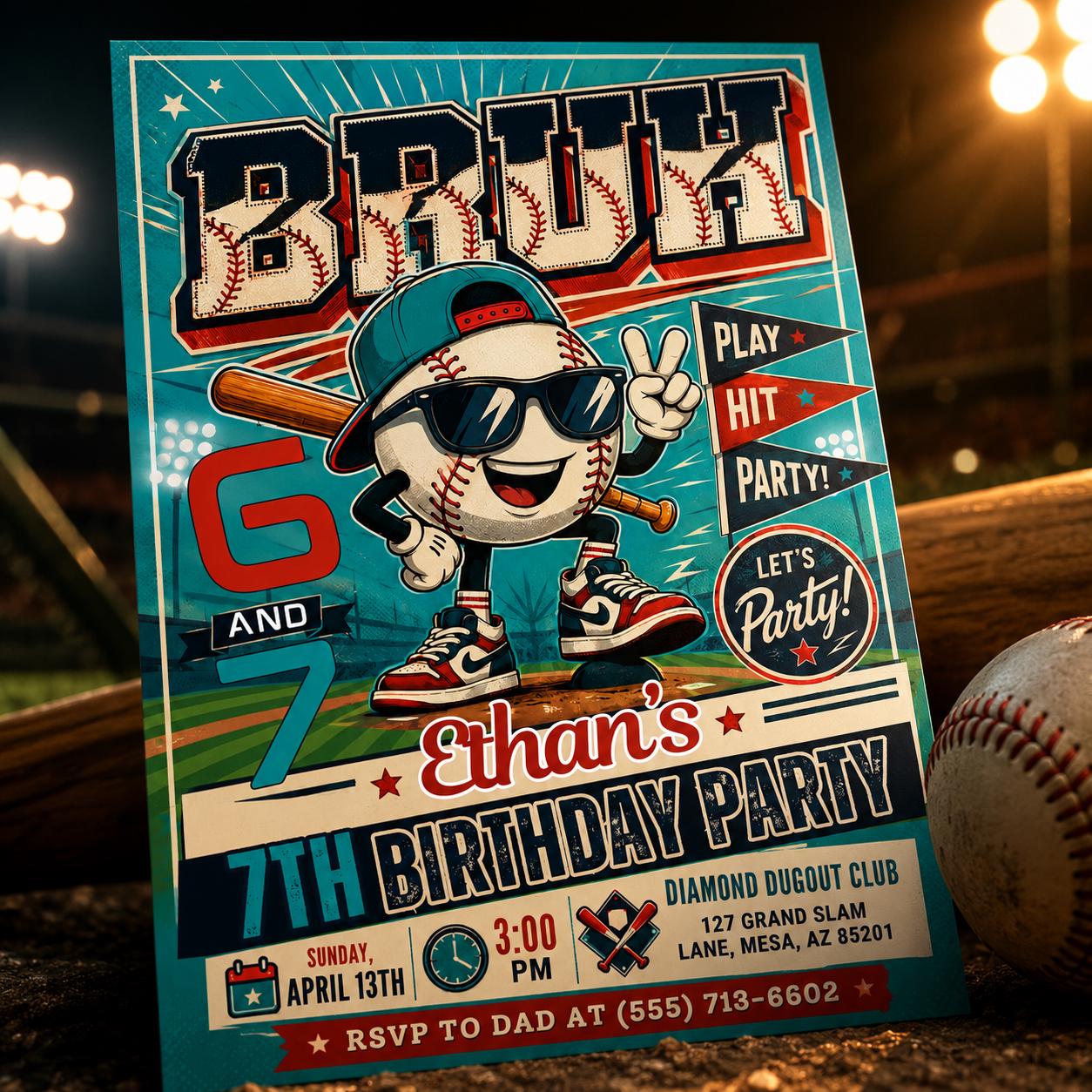 Baseball Ice Cream Drip Invitaion, Bruh Six Seven Meme Party Invite, 7th Birthday Boys Sports Invitation, Editable Canva Template __etsy:8105514671