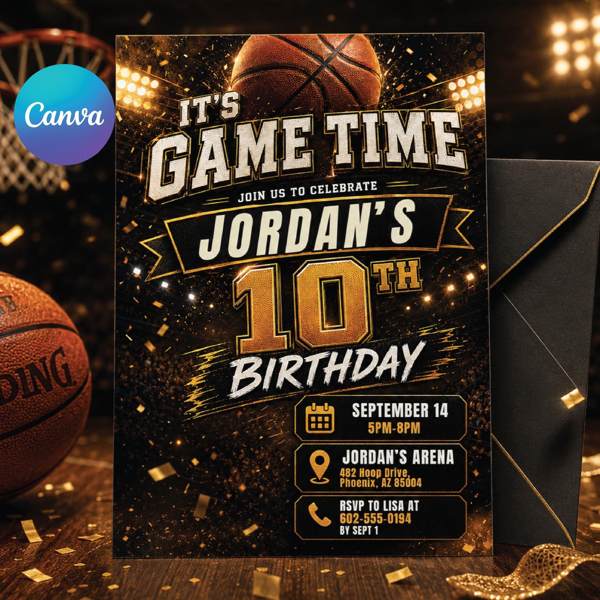 Basketball Birthday Invitation Digital Basketball Game Sports Party American Black Gold Birthday Invite Personalized Canva Template __etsy:8010754422
