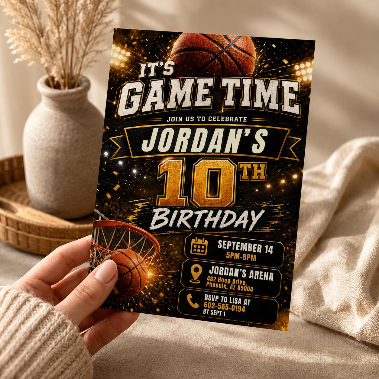 Basketball Birthday Invitation Digital Basketball Game Sports Party American Black Gold Birthday Invite Personalized Canva Template __etsy:8058657435