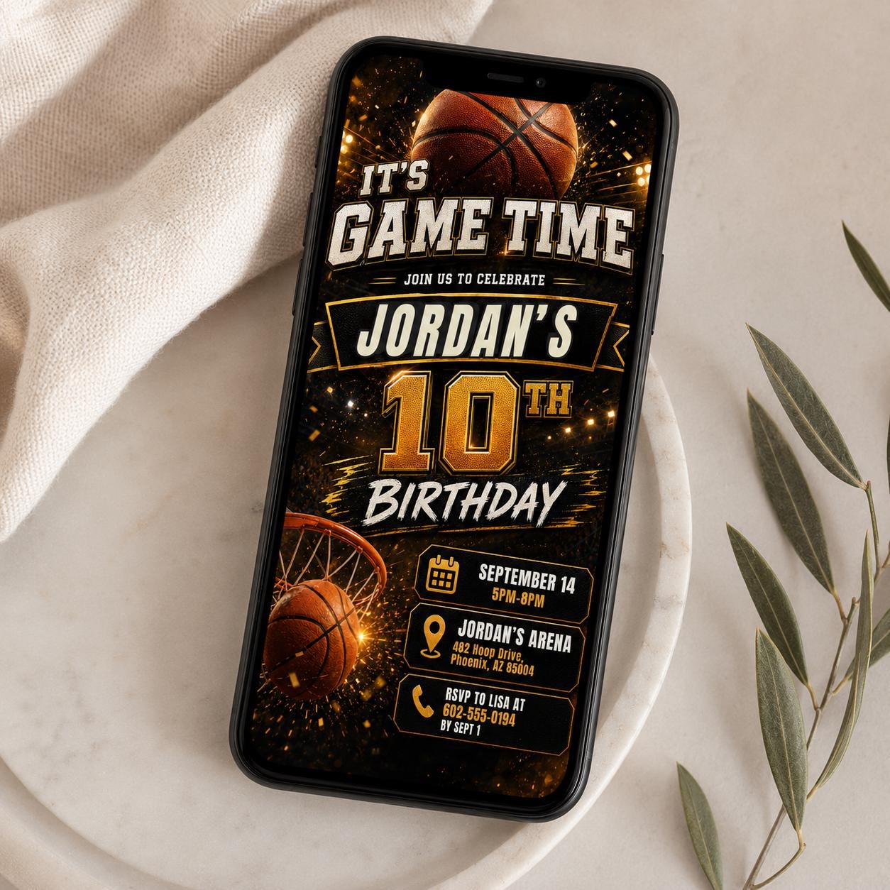 Basketball Birthday Invitation Digital Basketball Game Sports Party American Black Gold Birthday Invite Personalized Canva Template __etsy:8010743800