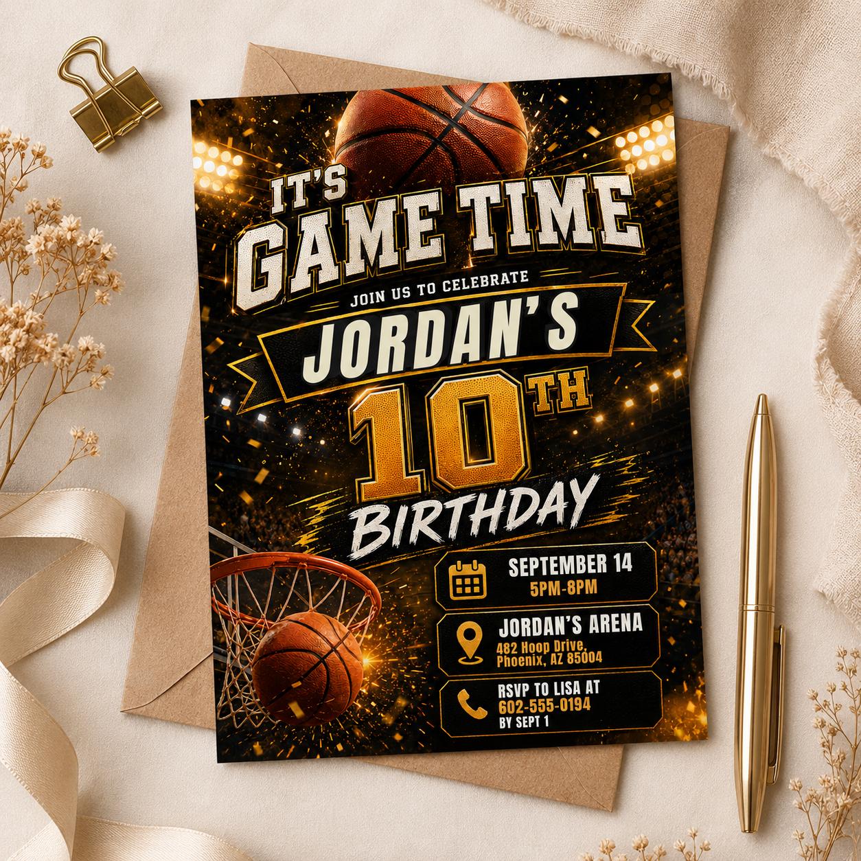 Basketball Birthday Invitation Digital Basketball Game Sports Party American Black Gold Birthday Invite Personalized Canva Template __etsy:8058657497
