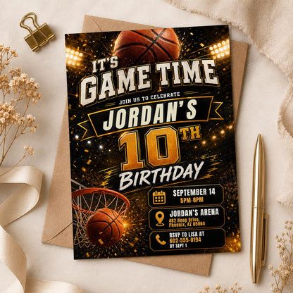 Basketball Birthday Invitation Digital Basketball Game Sports Party American Black Gold Birthday Invite Personalized Canva Template __etsy:8058657497