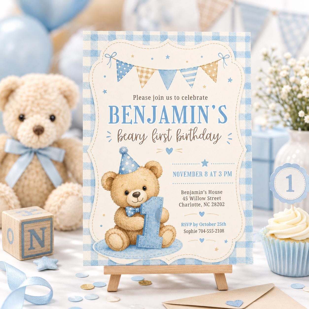 Beary First Birthday Invitation, Bear Birthday Invite, Teddy Bear First Birthday, 1st Birthday Boy, Beary 1st Birthday Party Invite, Canva __etsy:8067052177