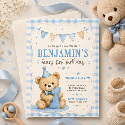 Beary First Birthday Invitation, Bear Birthday Invite, Teddy Bear First Birthday, 1st Birthday Boy, Beary 1st Birthday Party Invite, Canva __etsy:8019134256