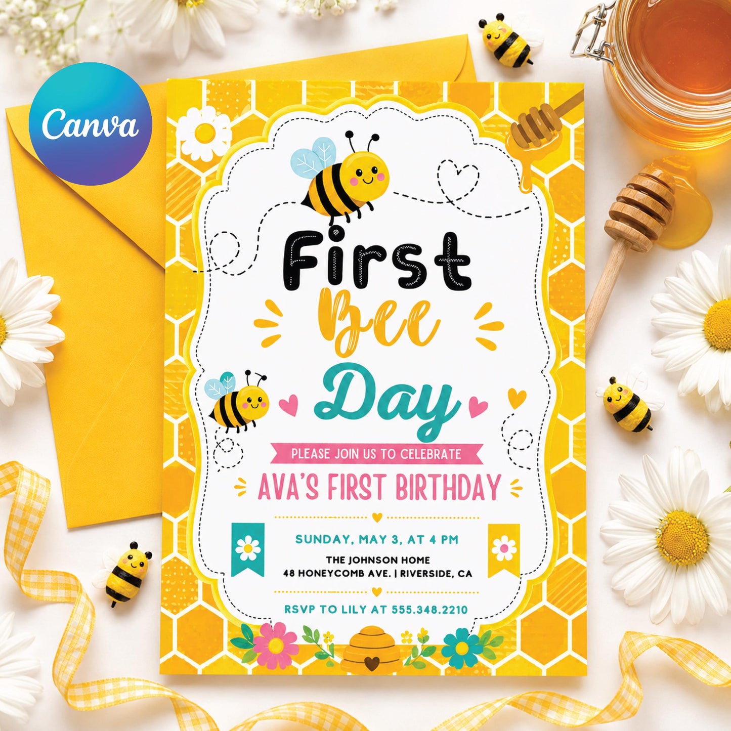 Bee First Birthday Invitation Template, Bee Invitation, 1st Birthday, Buzz On Over, So Sweet, Bee One, Little Honey, Party Invitation, Canva __etsy:8018512328