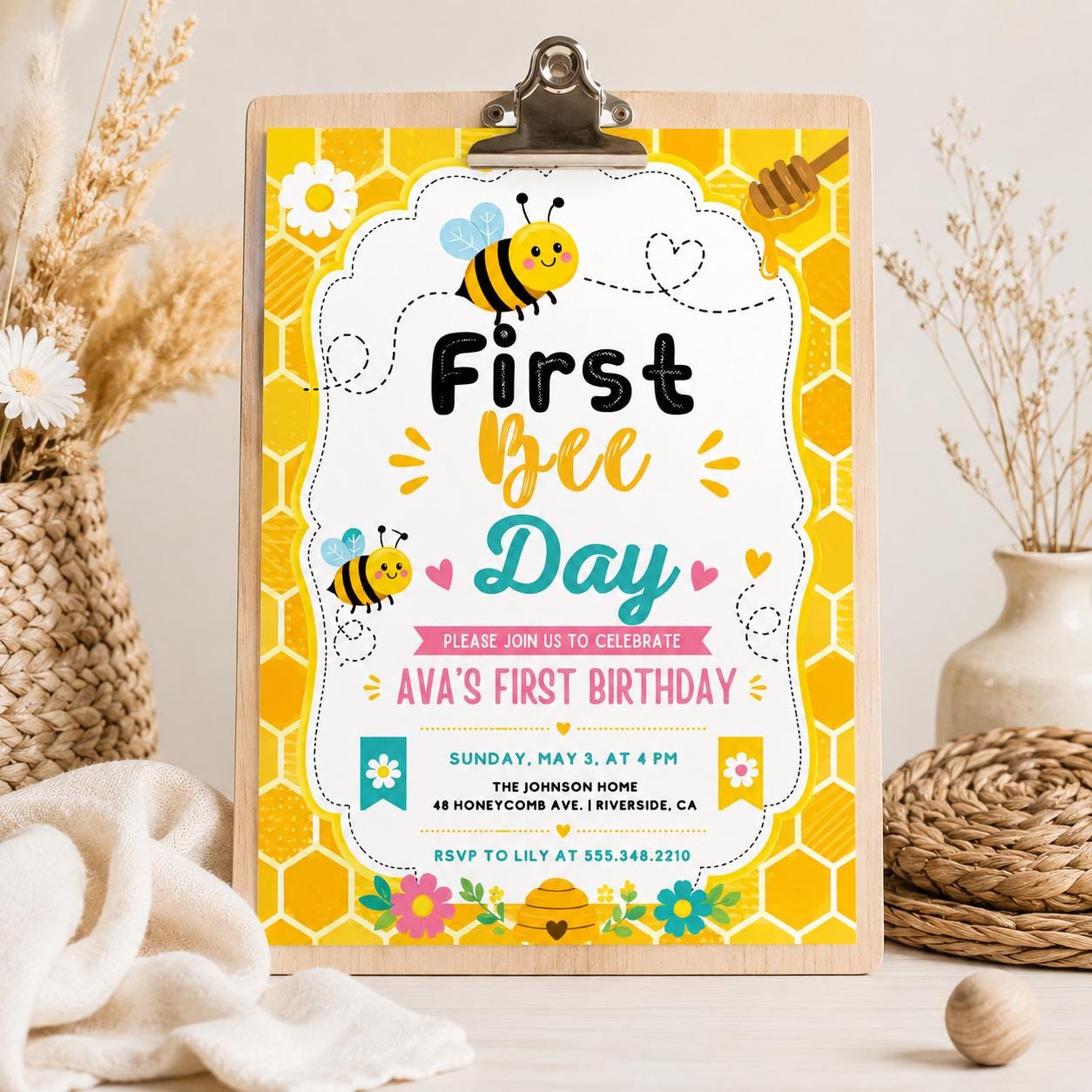 Bee First Birthday Invitation Template, Bee Invitation, 1st Birthday, Buzz On Over, So Sweet, Bee One, Little Honey, Party Invitation, Canva __etsy:8066426175