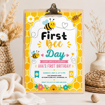 Bee First Birthday Invitation Template, Bee Invitation, 1st Birthday, Buzz On Over, So Sweet, Bee One, Little Honey, Party Invitation, Canva __etsy:8066426175