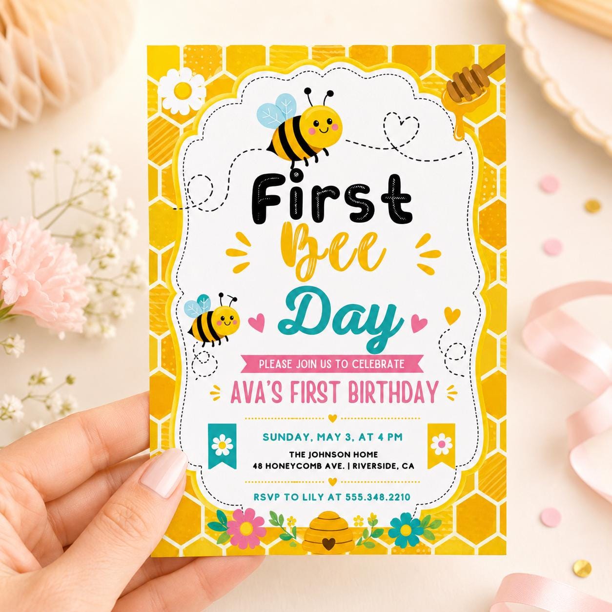 Bee First Birthday Invitation Template, Bee Invitation, 1st Birthday, Buzz On Over, So Sweet, Bee One, Little Honey, Party Invitation, Canva __etsy:8018507406