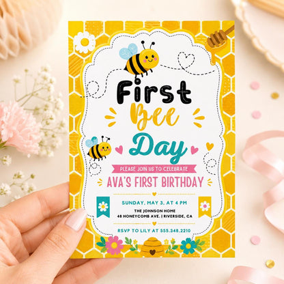 Bee First Birthday Invitation Template, Bee Invitation, 1st Birthday, Buzz On Over, So Sweet, Bee One, Little Honey, Party Invitation, Canva __etsy:8018507406