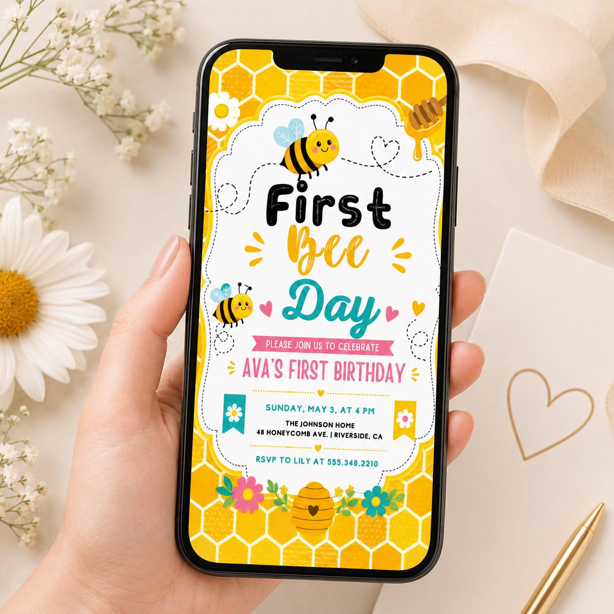 Bee First Birthday Invitation Template, Bee Invitation, 1st Birthday, Buzz On Over, So Sweet, Bee One, Little Honey, Party Invitation, Canva __etsy:8066426363