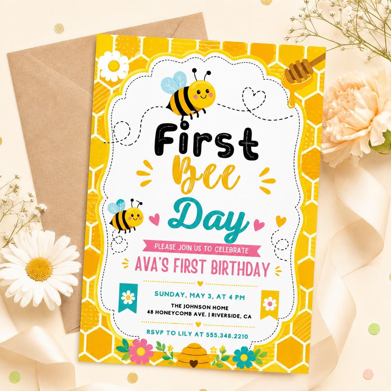Bee First Birthday Invitation Template, Bee Invitation, 1st Birthday, Buzz On Over, So Sweet, Bee One, Little Honey, Party Invitation, Canva __etsy:8018507504