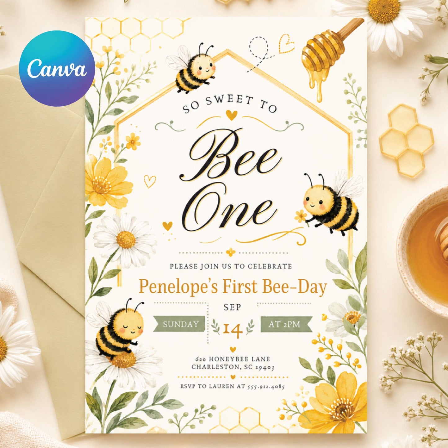 Bee One Birthday Invitation Template, Sweet Bee First Birthday Party Invite, Editable Digital Bee-Day Invitation for Girl, Canva Template __etsy:8023360354