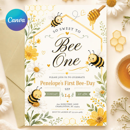 Bee One Birthday Invitation Template, Sweet Bee First Birthday Party Invite, Editable Digital Bee-Day Invitation for Girl, Canva Template __etsy:8023360354