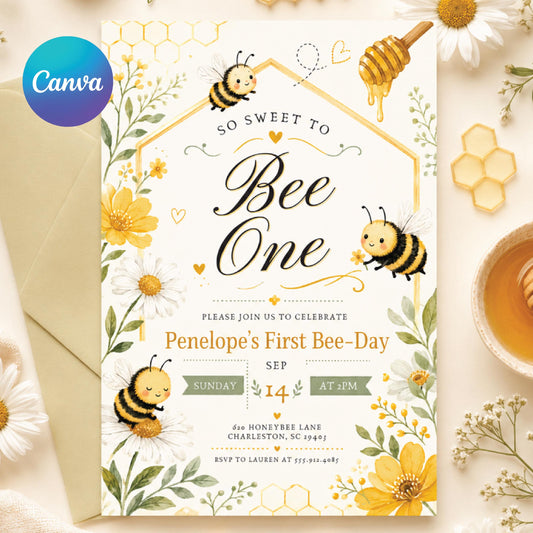 Bee One Birthday Invitation Template, Sweet Bee First Birthday Party Invite, Editable Digital Bee-Day Invitation for Girl, Canva Template __etsy:8023360354