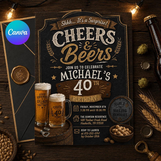 Beer Surprise Birthday Party Invitation, Cheers and Beers Birthday Invitation30th 40th 50th Adult Birthday invite, Editable Canva Template __etsy:8056616553