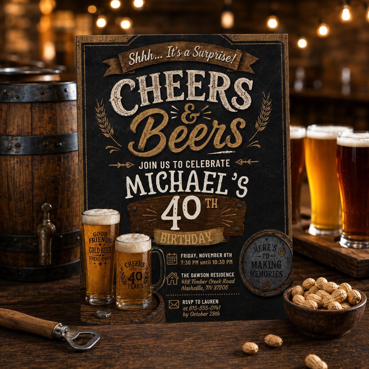 Beer Surprise Birthday Party Invitation, Cheers and Beers Birthday Invitation30th 40th 50th Adult Birthday invite, Editable Canva Template __etsy:8008695480