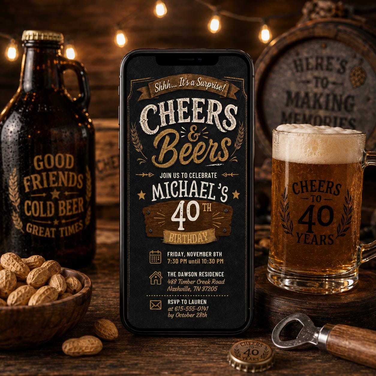 Beer Surprise Birthday Party Invitation, Cheers and Beers Birthday Invitation30th 40th 50th Adult Birthday invite, Editable Canva Template __etsy:8056613197