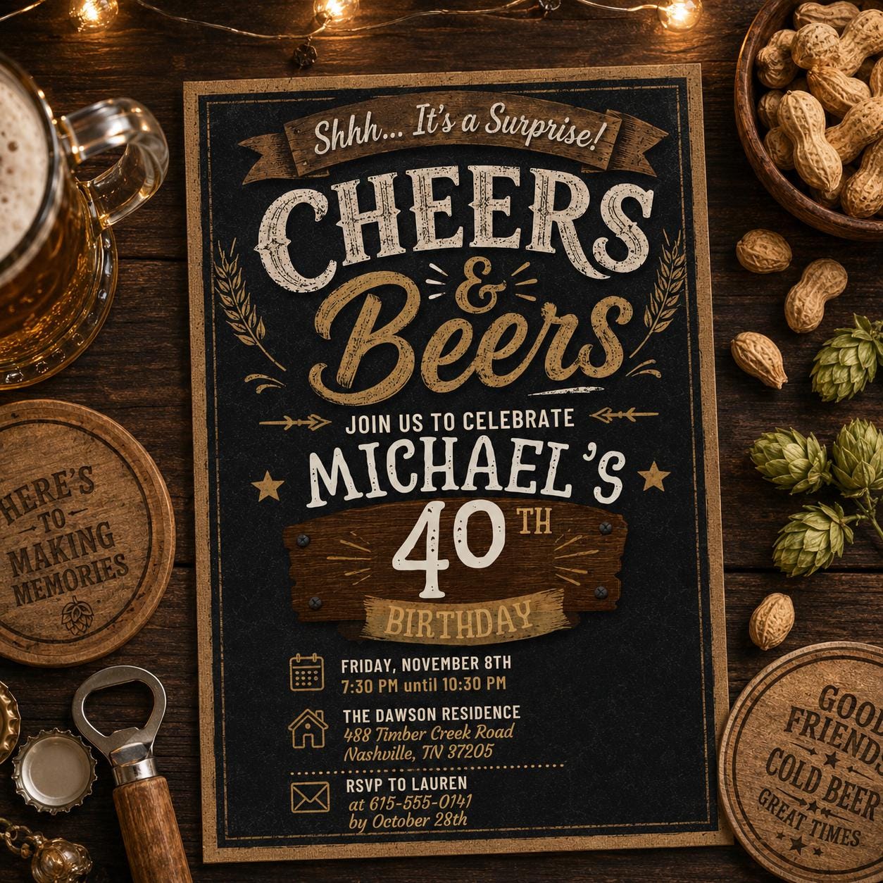 Beer Surprise Birthday Party Invitation, Cheers and Beers Birthday Invitation30th 40th 50th Adult Birthday invite, Editable Canva Template __etsy:8008696230