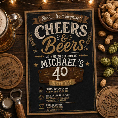 Beer Surprise Birthday Party Invitation, Cheers and Beers Birthday Invitation30th 40th 50th Adult Birthday invite, Editable Canva Template __etsy:8008696230