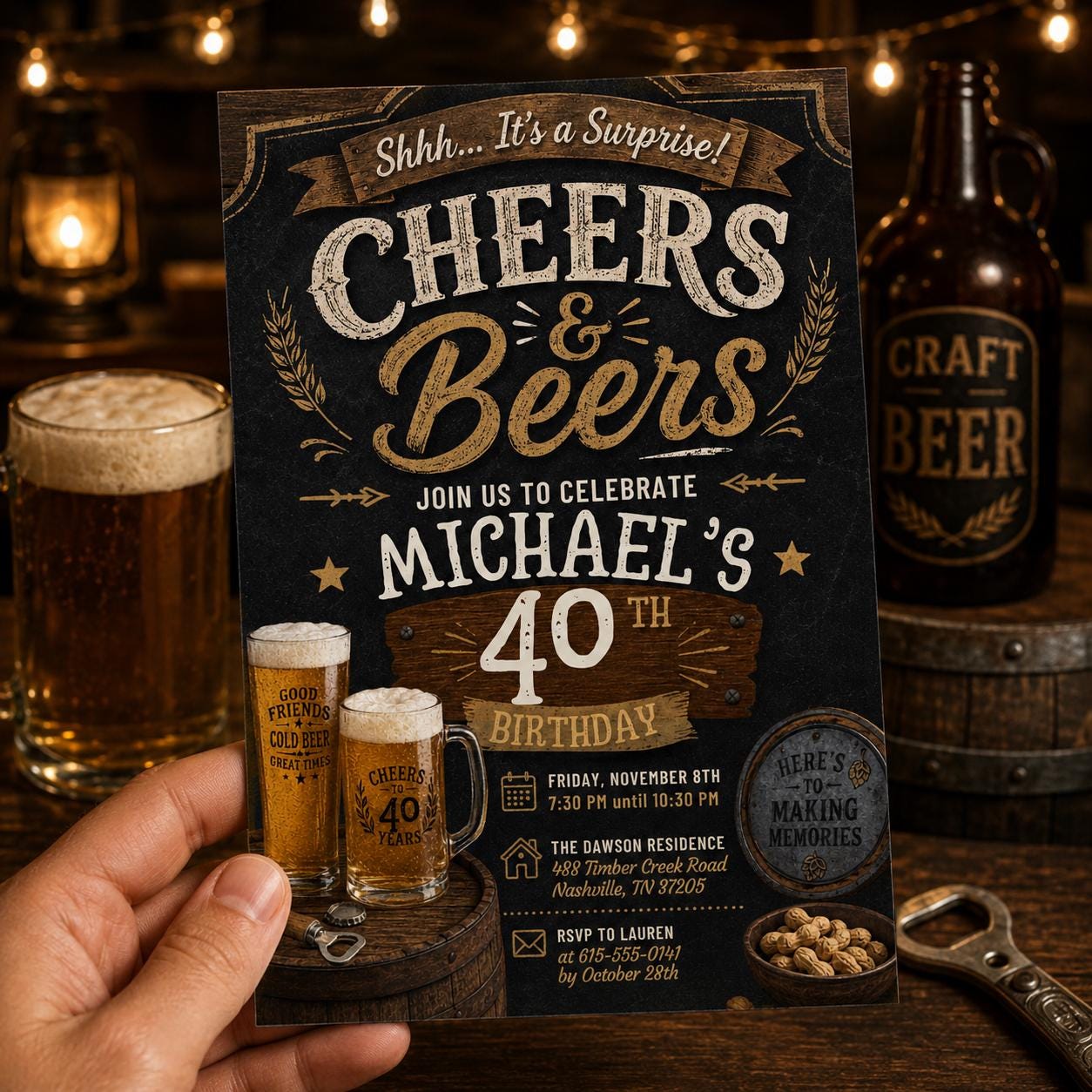 Beer Surprise Birthday Party Invitation, Cheers and Beers Birthday Invitation30th 40th 50th Adult Birthday invite, Editable Canva Template __etsy:8008696088