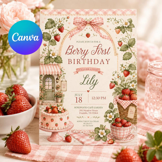 Berry First Birthday Invitation, Editable Strawberry Theme Party Invite, Girl 1st Birthday Cafe Garden Template, Printable Download __etsy:8130042054