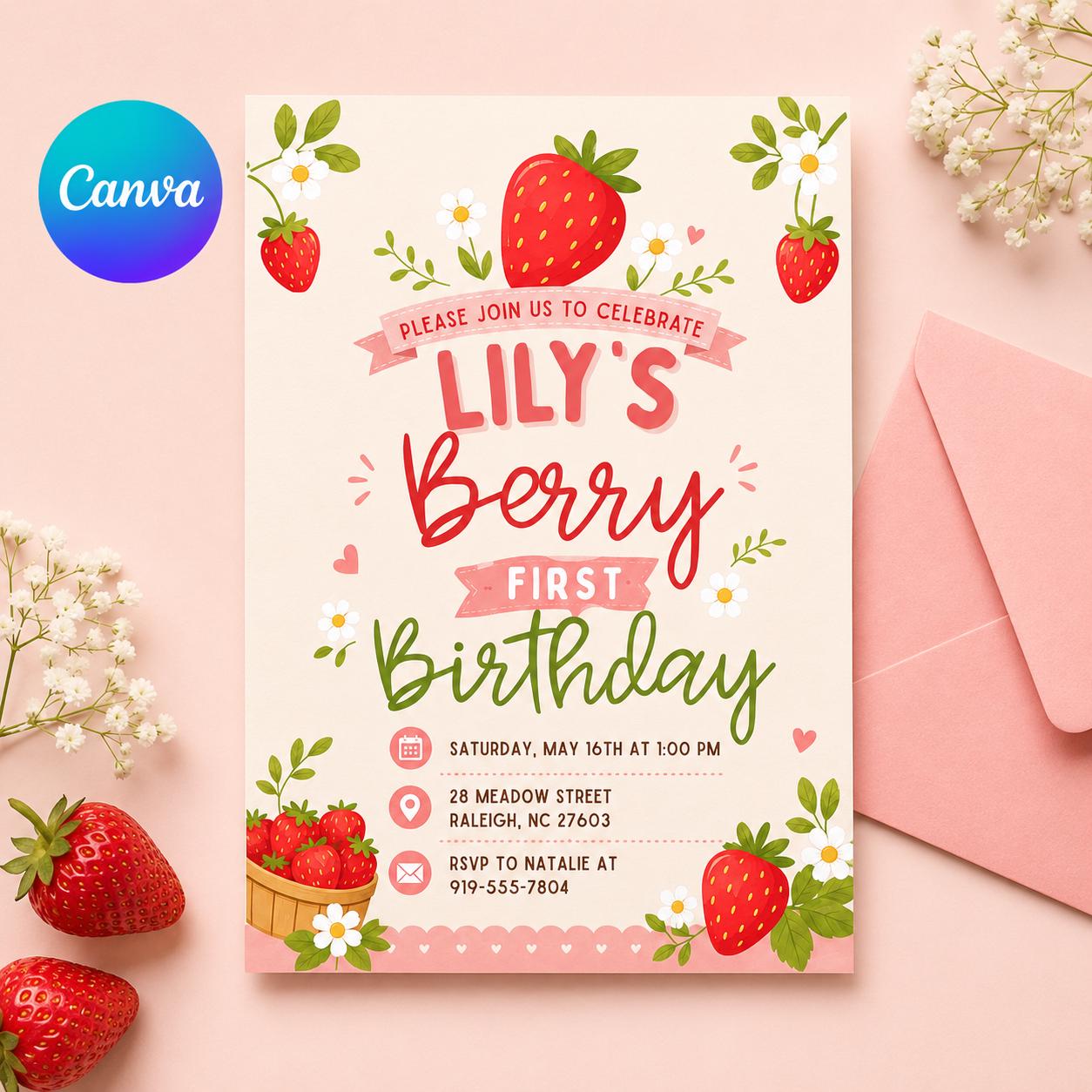 Berry First Birthday Invitation, Editable 1st Birthday Girl Invite, Canva Template __etsy:8093713299