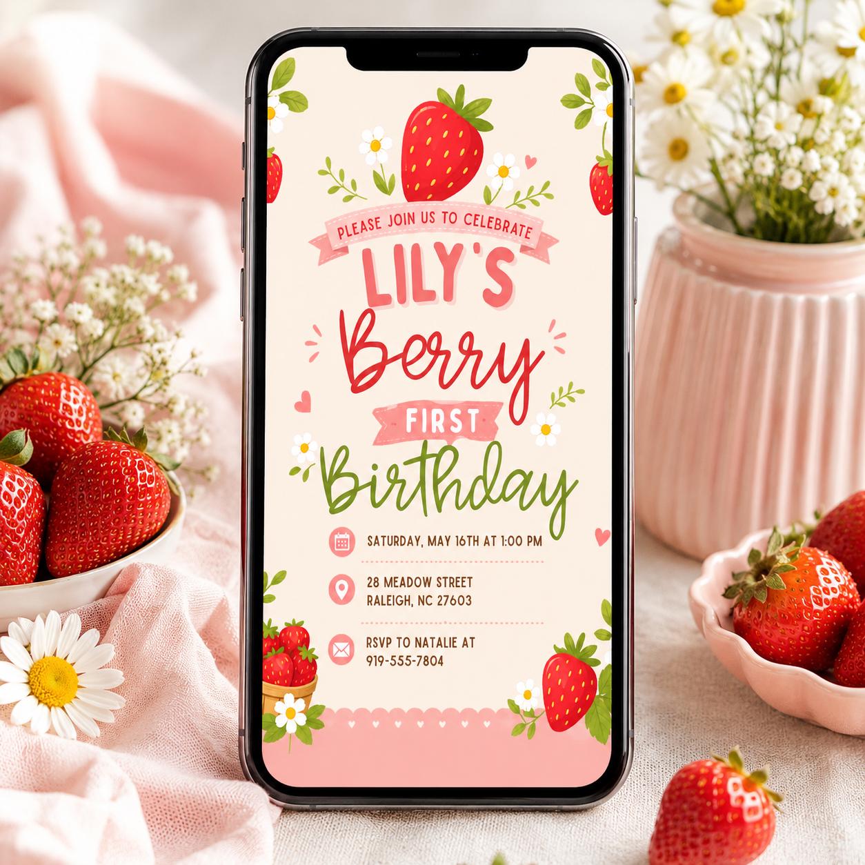 Berry First Birthday Invitation, Editable 1st Birthday Girl Invite, Canva Template __etsy:8045802350