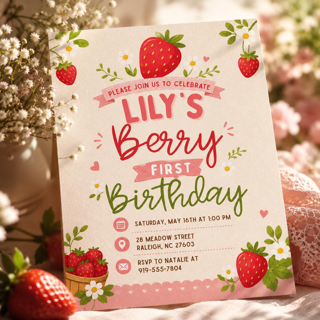 Berry First Birthday Invitation, Editable 1st Birthday Girl Invite, Canva Template __etsy:8093713303