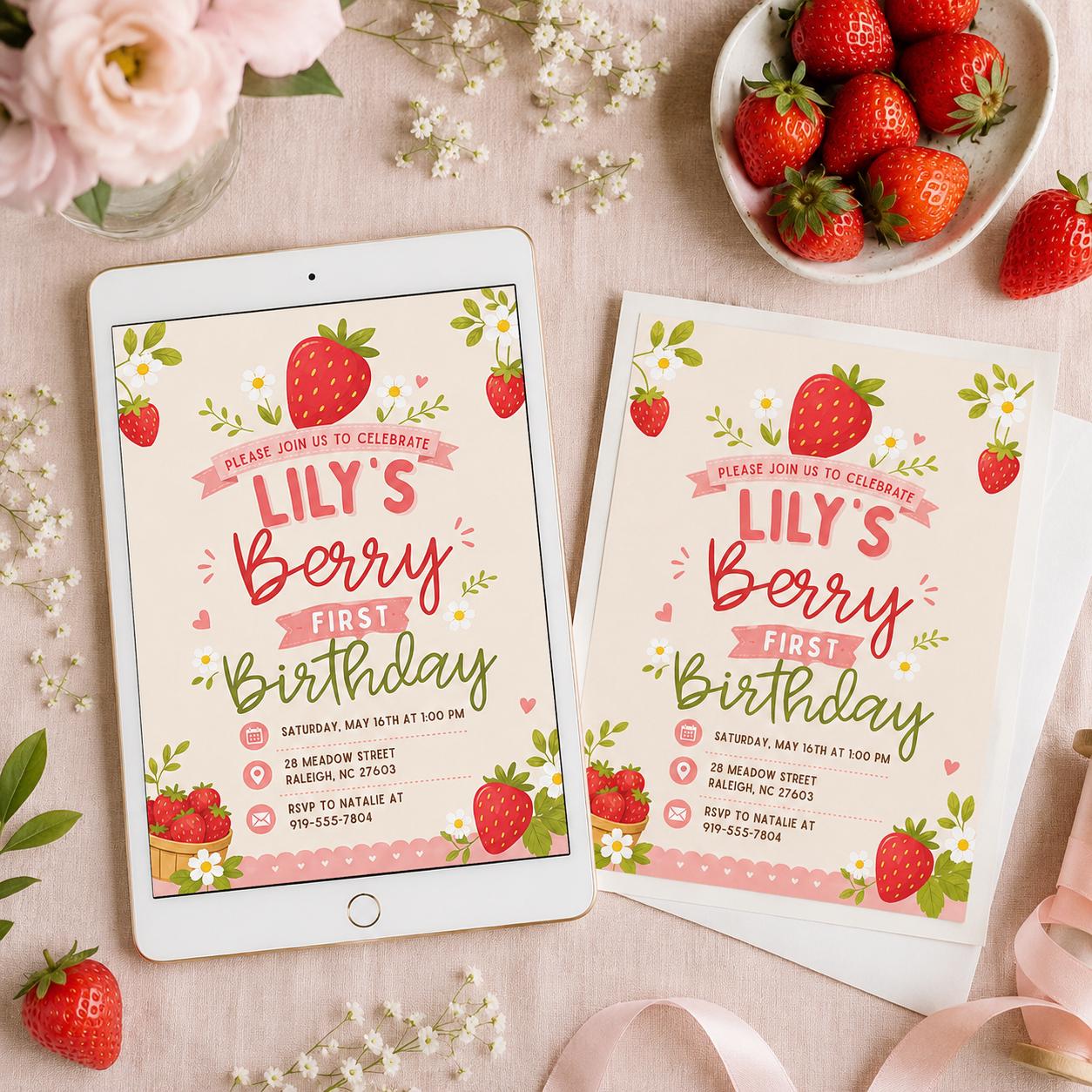Berry First Birthday Invitation, Editable 1st Birthday Girl Invite, Canva Template __etsy:8093713301
