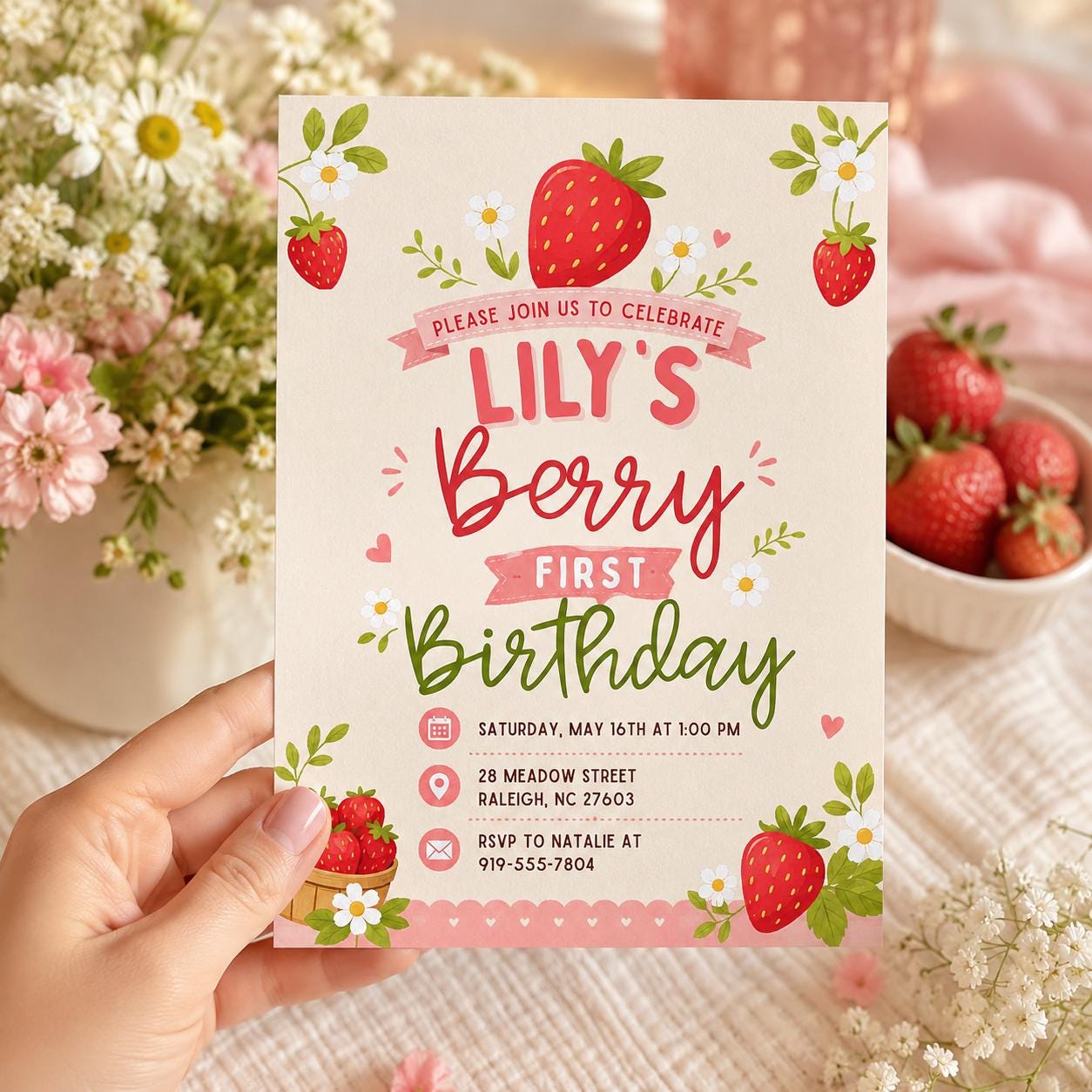 Berry First Birthday Invitation, Editable 1st Birthday Girl Invite, Canva Template __etsy:8093713293